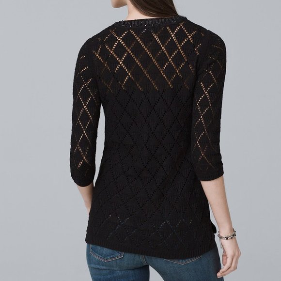 NEW WHBM 3/4 Sleeve Open Knit Embellished Beaded Tunic Sweater Top Size Medium - Picture 2 of 14